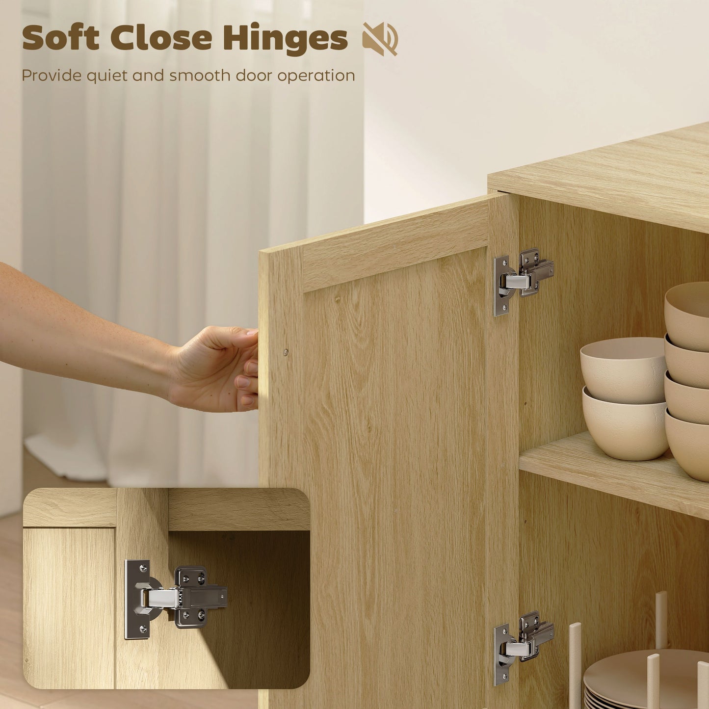 47" Buffet Cabinet with Soft-Close Doors, Rattan Sideboard with Drawers, Adjustable Shelf and Wooden Legs, Natural