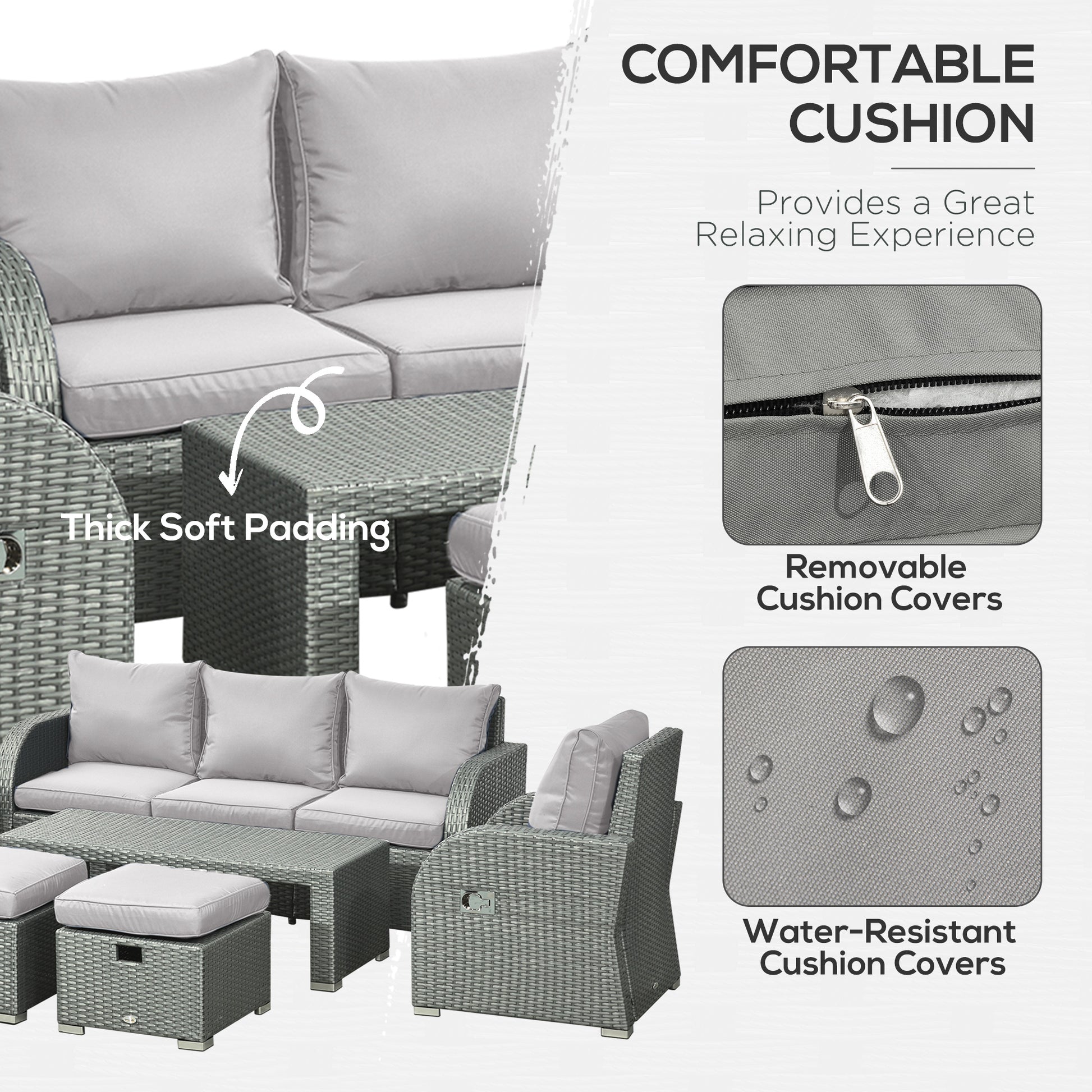 6 Pcs Patio Furniture Set with Wicker Recliner Chairs, PE Wicker Sectional Sofa Set with a 3-Seat Sofa, 2 Footstools, Table, 2 Recliner Chairs, Grey
