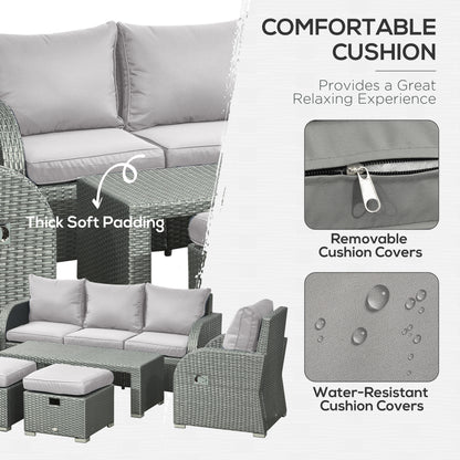 6 Pcs Patio Furniture Set with Wicker Recliner Chairs, PE Wicker Sectional Sofa Set with a 3-Seat Sofa, 2 Footstools, Table, 2 Recliner Chairs, Grey