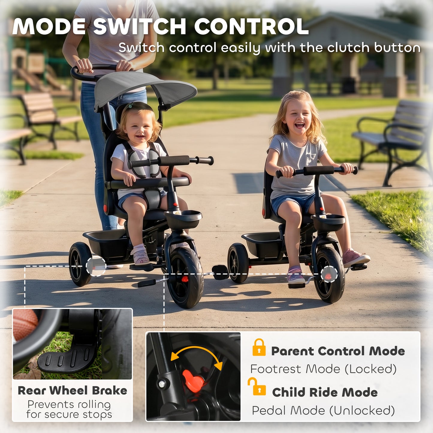 Qaba Tricycle for Toddler 4 in 1 Kids Trike, Converts Stroller to Toddler Bike, Adjustable Backrest & Flat Canopy, Detachable Guardrail & Handle for 1-5 Years Old, Grey