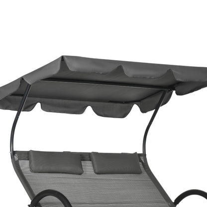 Outdoor Patio Chaise Lounge Chair, Patio Sun Lounger w/ Sunshade Roof, for Two People with Wheels and Breathable Sling Mesh Bed, Pillows, Dark Gray