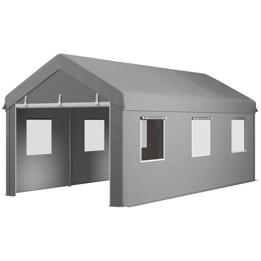 10' x 20' Carport, Heavy Duty Portable Garage with 6 Mesh Windows and 2 Doors, Light Grey