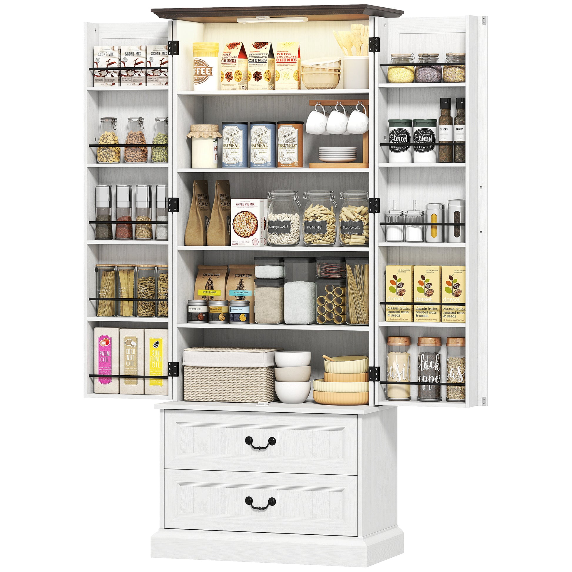72" LED Kitchen Pantry Cabinet, Buffet Storage Cabinet with 10 Door Shelves, 2 Drawers and Adjustable Shelves, White