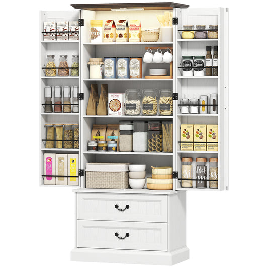 72" LED Kitchen Pantry Cabinet, Buffet Storage Cabinet with 10 Door Shelves, 2 Drawers and Adjustable Shelves, White