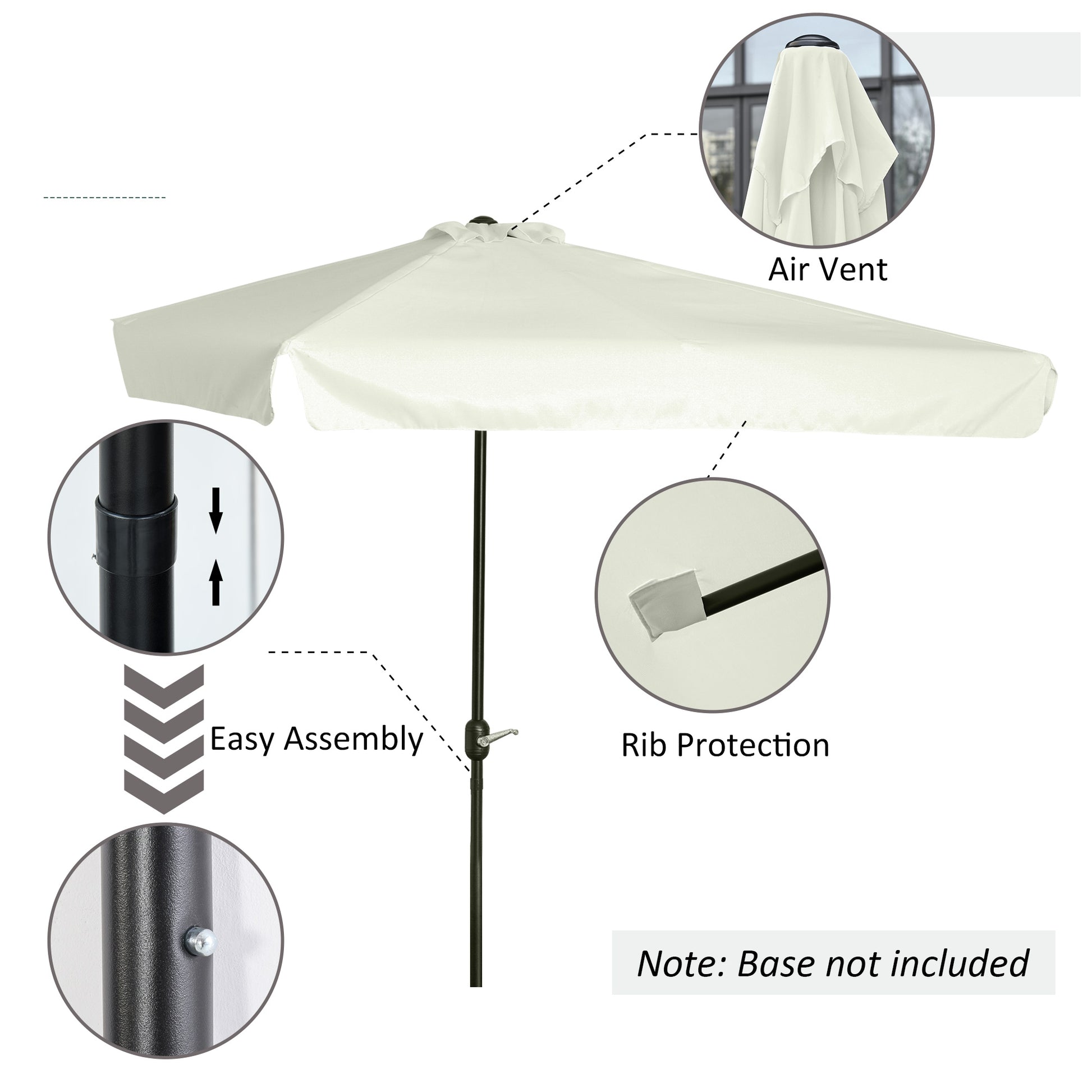 7.5ft Half Umbrella Semi Patio Parasol with Crank Handle, Top Vent for Garden, Balcony- NO BASE INCLUDED, Cream