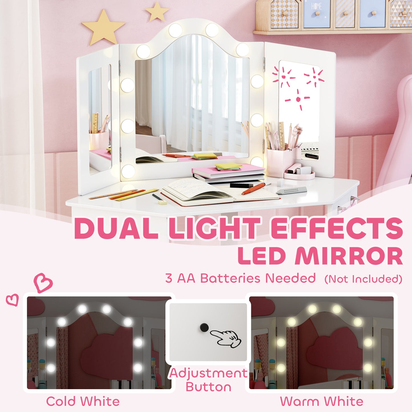 Qaba Kids Vanity Table and Chair Set with Lights, Makeup Dressing Table with Tri-Fold Mirror for Ages 3-8 Years, White