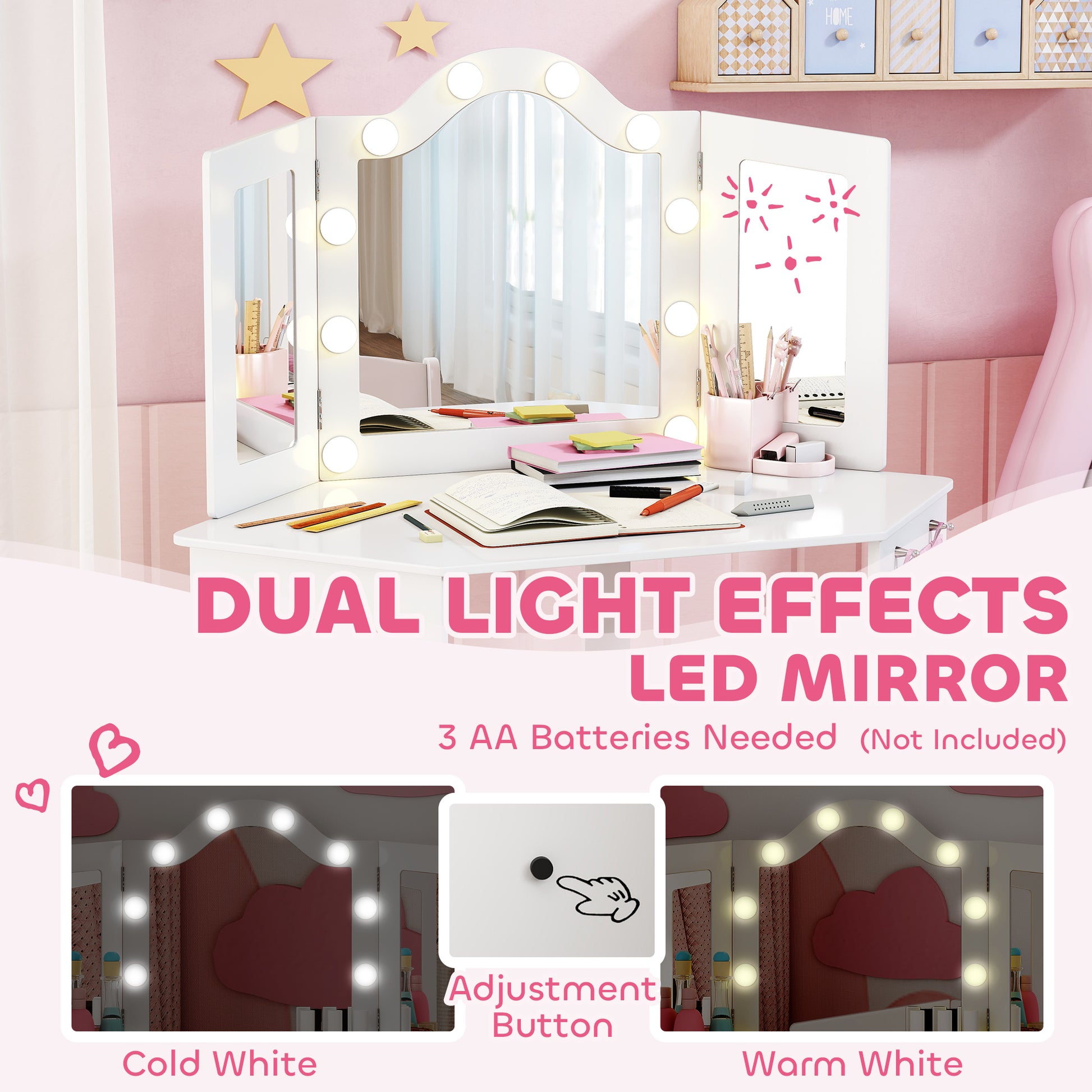 Qaba Kids Vanity Table and Chair Set with Lights, Makeup Dressing Table with Tri-Fold Mirror for Ages 3-8 Years, White