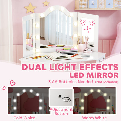 Qaba Kids Vanity Table and Chair Set with Lights, Makeup Dressing Table with Tri-Fold Mirror for Ages 3-8 Years, White