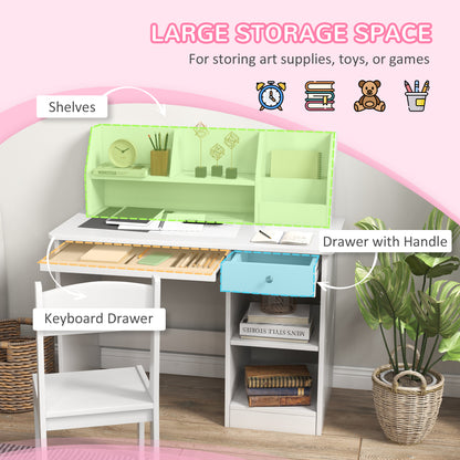 Qaba Kids Desk and Chair Set for 5-8 Year Old with Storage, Study Table and Chair for Children, White