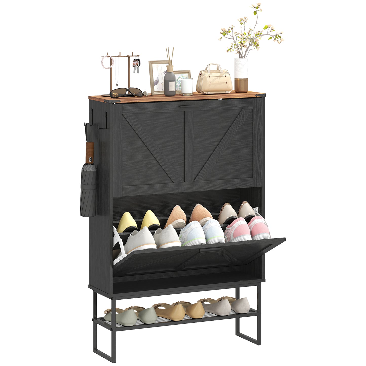 Narrow Shoe Storage Cabinet with 2 Flip Drawers, Slim Shoe Cabinet for 15-20 Pairs, Black Wood Grain