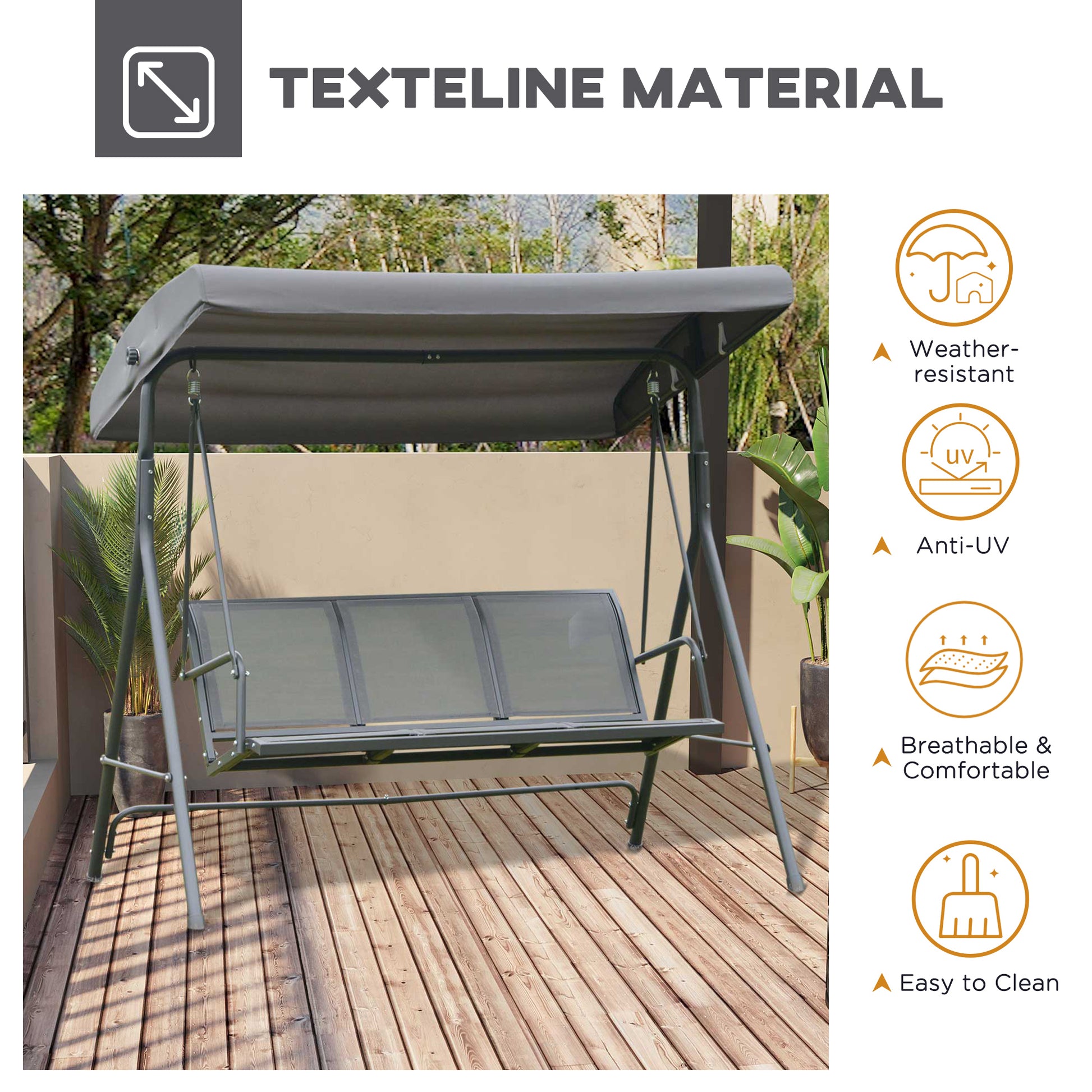 3-Seater Swing Chair Covered Garden Hammock A-Frame Outdoor Porch Glider Sling Seat with Adjustable Canopy Cover, Grey