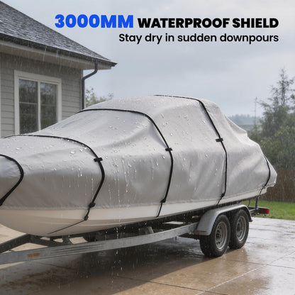 19-20 Ft Trailer Boat Cover, 3000mm Waterproof Universal Boat Cover with Quick-Fasten Buckles, Light Grey
