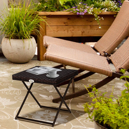 Patio Wicker Coffee Table, Outdoor PE Rattan Garden Folding Side Table, 15.75"x15.75"x15.75", Brown