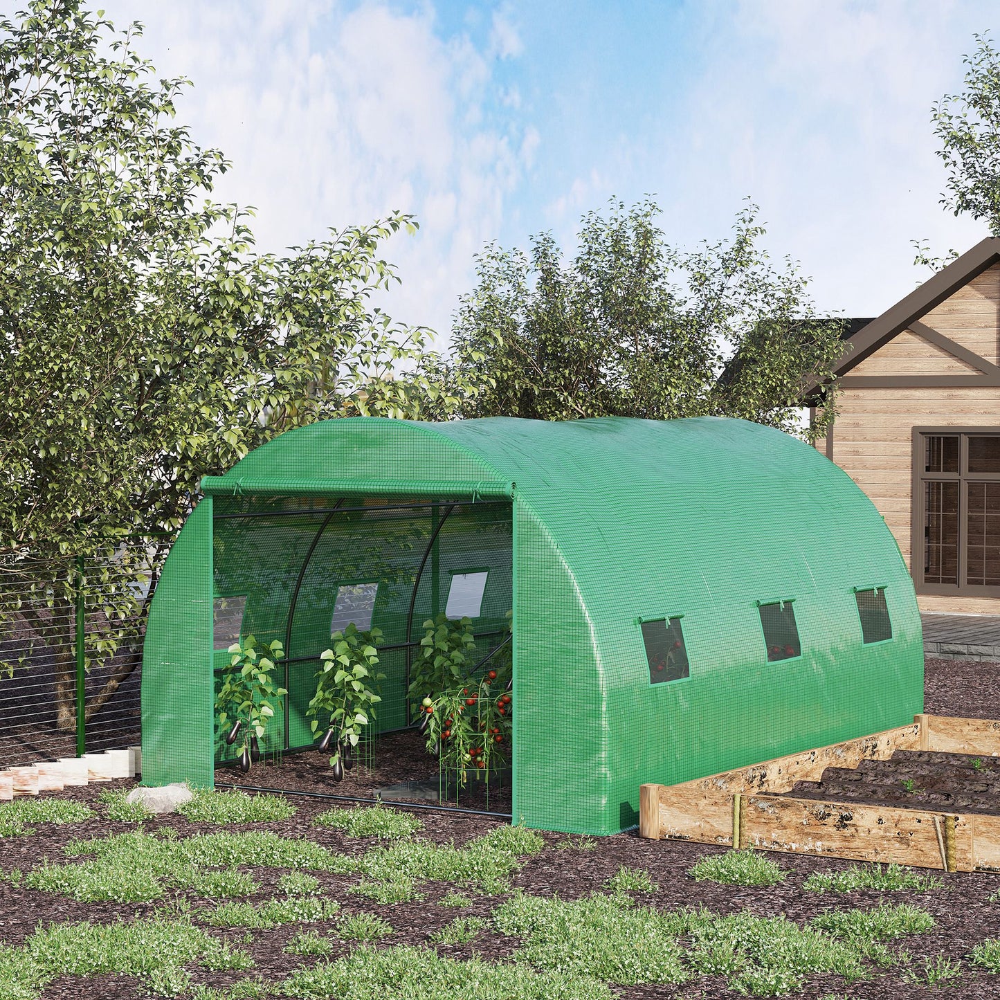 13' x 10' x 6.6' Walk-in Polytunnel Greenhouse, Outdoor Garden Tunnel Greenhouse Tent with Zipped Roll-Up Door and 6 Mesh Windows, Green