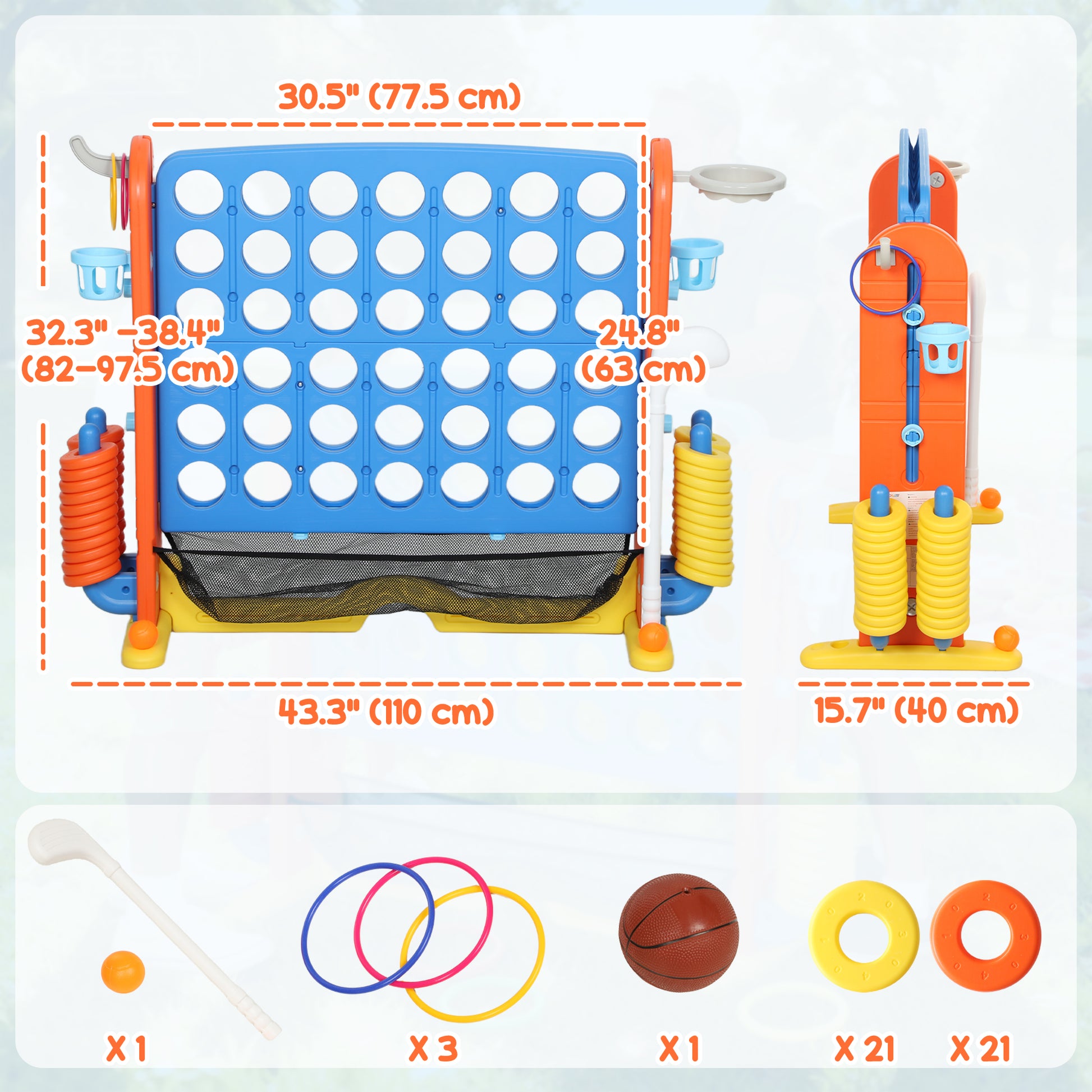 Qaba 4 in 1 Kids Jumbo Connect 4 Game Set with Basketball, Ring Toss, Golf, for Kids, Family, Indoor & Outdoor