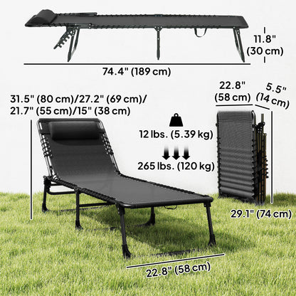 Outdoor Folding Lounge Chair, 4-Level Adjustable Chaise Lounge with Headrest, Tanning Chair Beach Bed Reclining Lounger Cot for Camping, Hiking, Backyard, Black