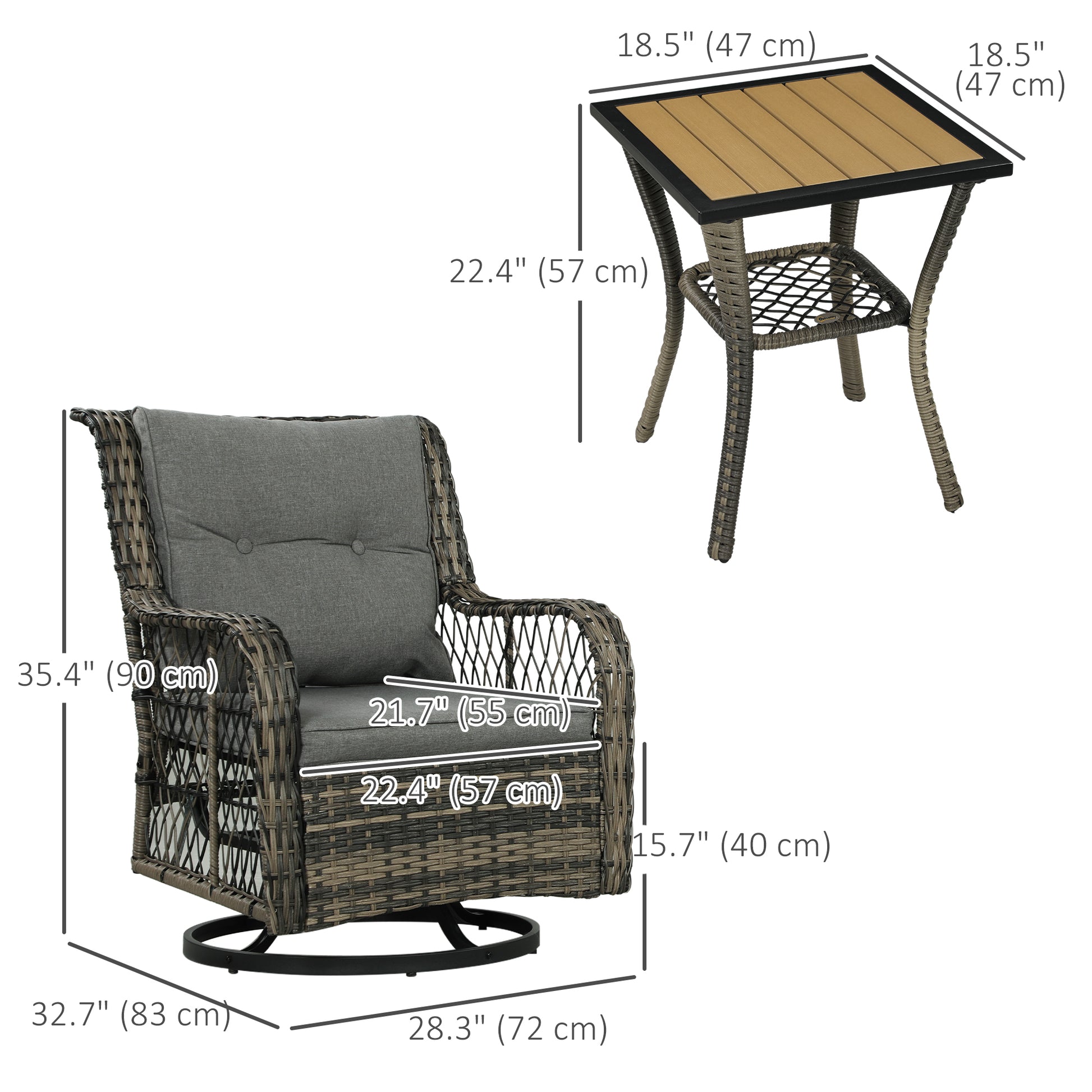 3-Piece Outdoor Bistro Set, Wicker Patio Furniture Set with Swivel Glider Chairs for Balcony, Porch and Small Outdoor Spaces, Grey