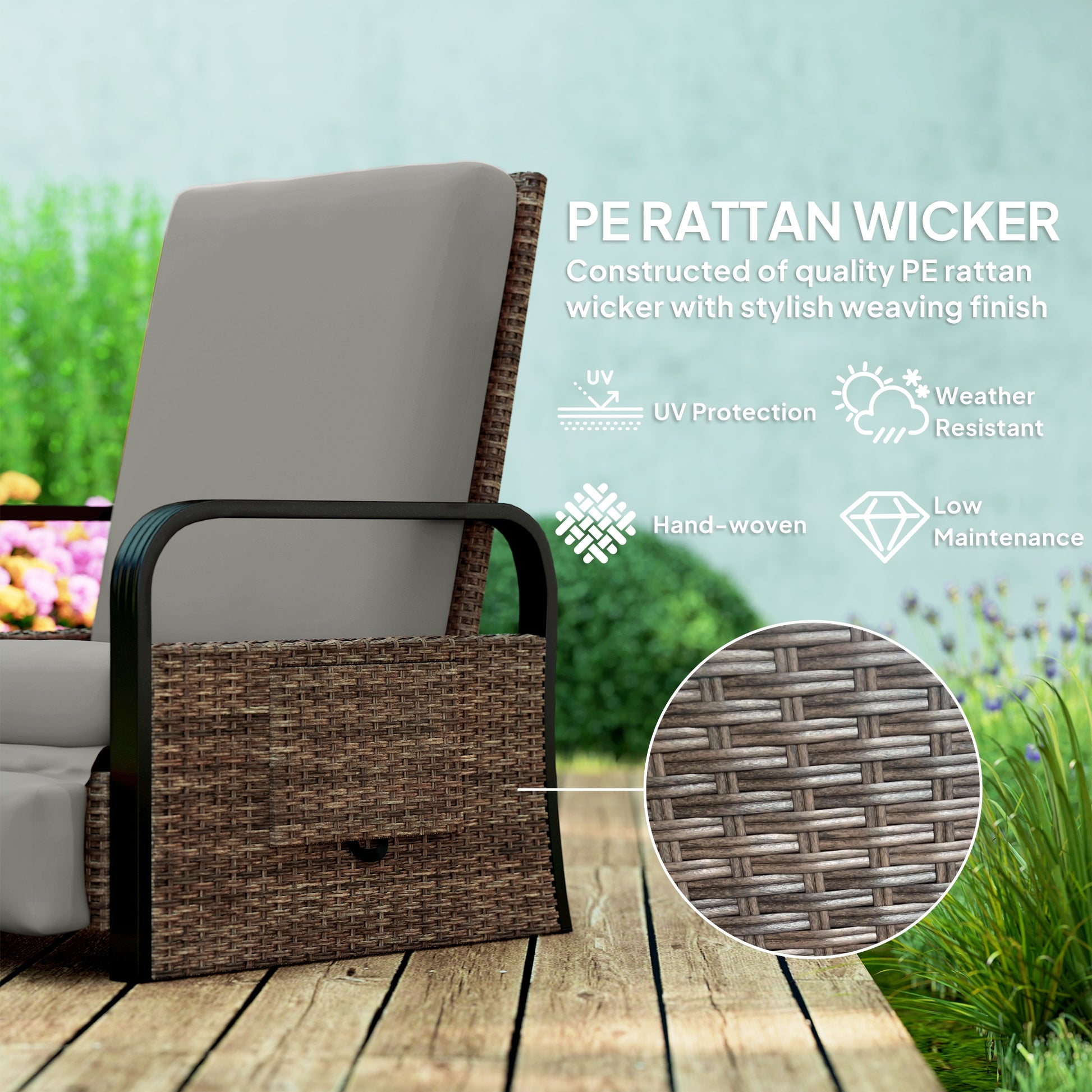 Wicker Outdoor Recliner Chair, Reclining Lounge Chair with Adjustable Backrest, Footrest and Side Tray, Light Grey