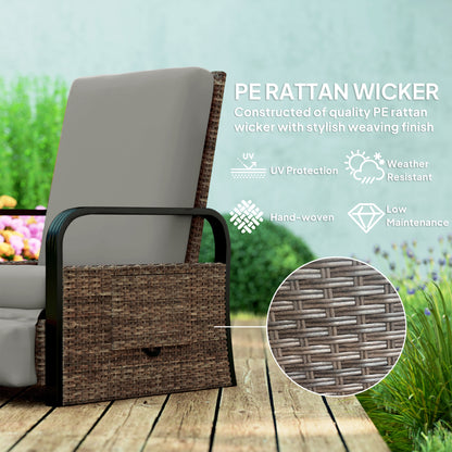 Wicker Outdoor Recliner Chair, Reclining Lounge Chair with Adjustable Backrest, Footrest and Side Tray, Light Grey