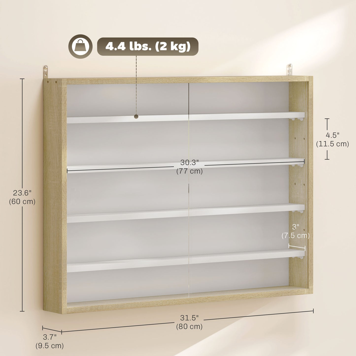 5-Tier Display Cabinet, Shot Glass Display Case, Glass Curio Cabinet with 2 Glass Doors and 4 Adjustable Shelves, Oak