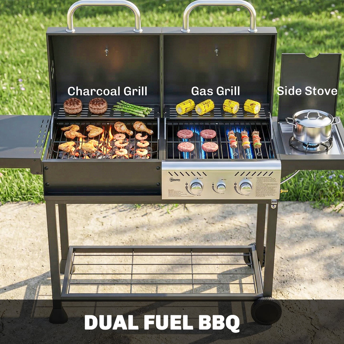 Dual Fuel BBQ Grill, Charcoal and 2+1 Gas Burner Barbecue Grill with Wheels, Warming Rack, Black