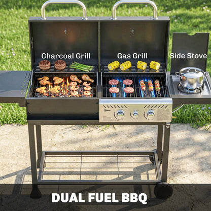 Dual Fuel BBQ Grill, Charcoal and 2+1 Gas Burner Barbecue Grill with Wheels, Warming Rack, Black