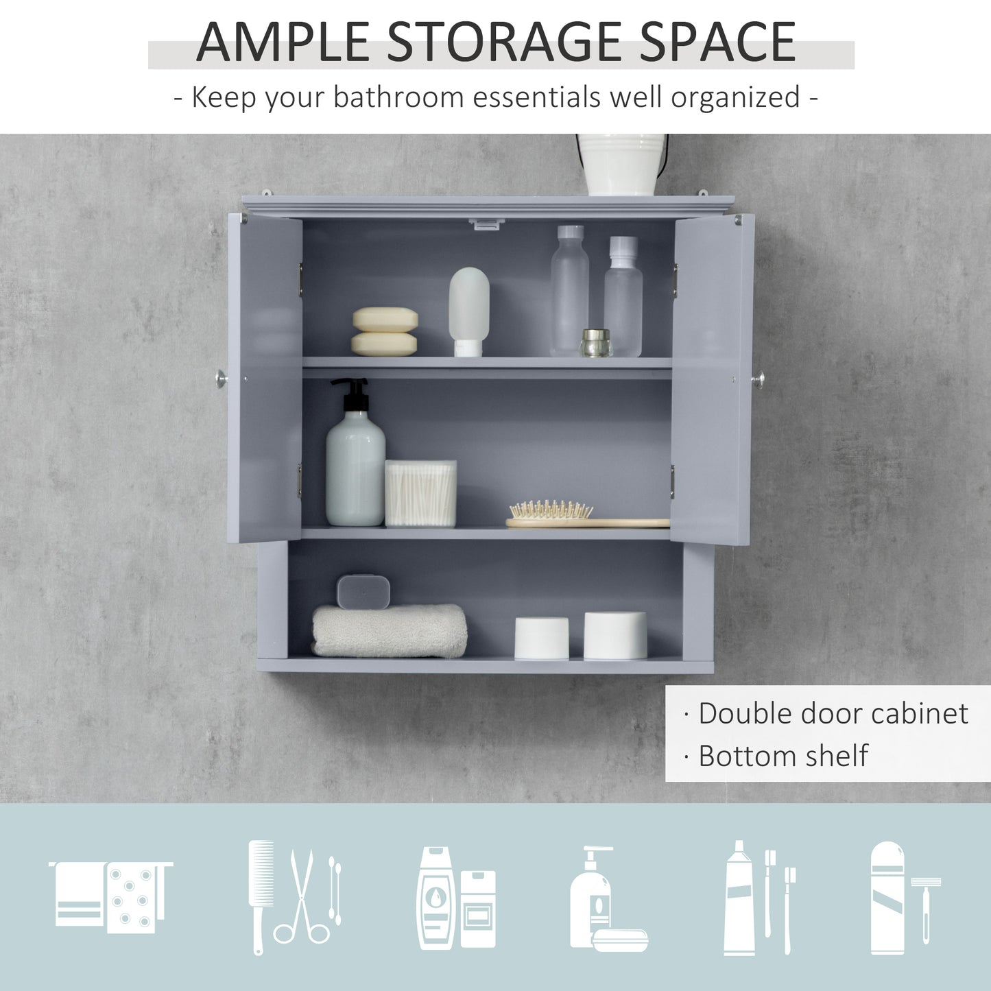Bathroom Wall Cabinet, Medicine Cabinet, Over Toilet Storage Cabinet with Adjustable Shelf and 2 Doors for Hallway, Living Room, Gray