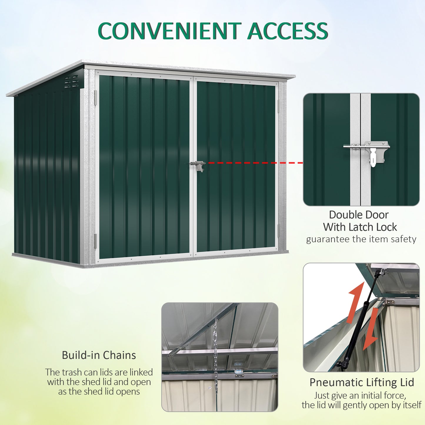 6x3 ft Garbage Can Shed, Horizontal Garbage Can Organizer with Double Door and Lid Rubbish Cover, for 2 Trash Cans, Green
