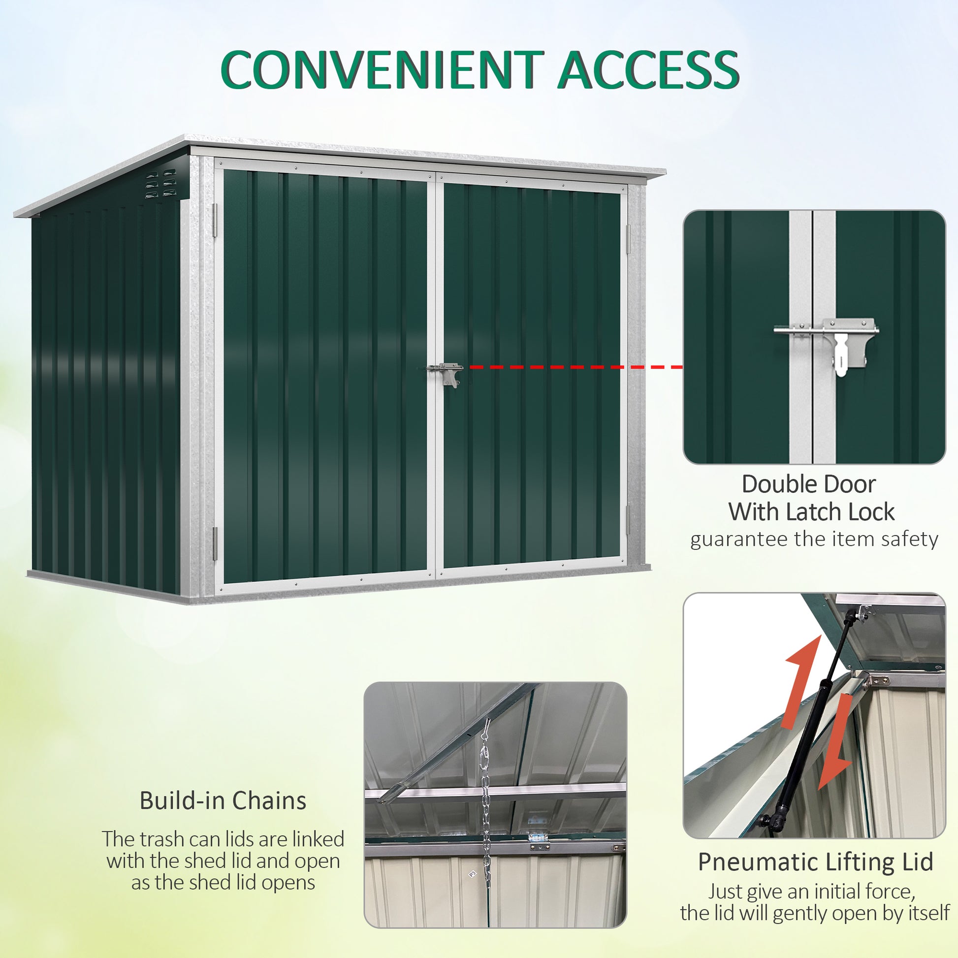 6x3 ft Garbage Can Shed, Horizontal Garbage Can Organizer with Double Door and Lid Rubbish Cover, for 2 Trash Cans, Green