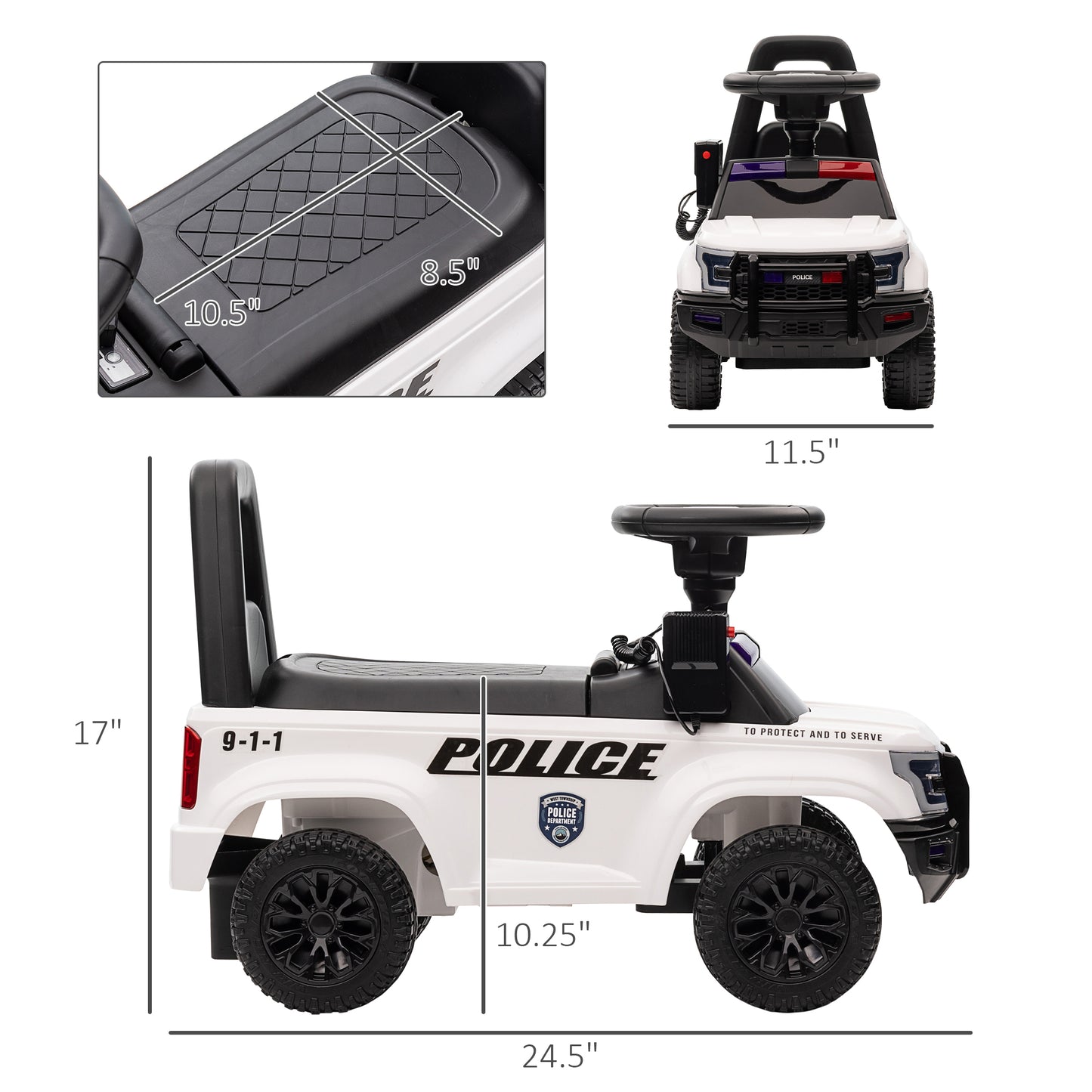 Aosom Kids Ride On Sliding Car with Hidden Under Seat Storage, Ride On Police Car for Toddler with Megaphone, Anti Dumping Device, Removable Backrest, Foot-to-Floor Design, White