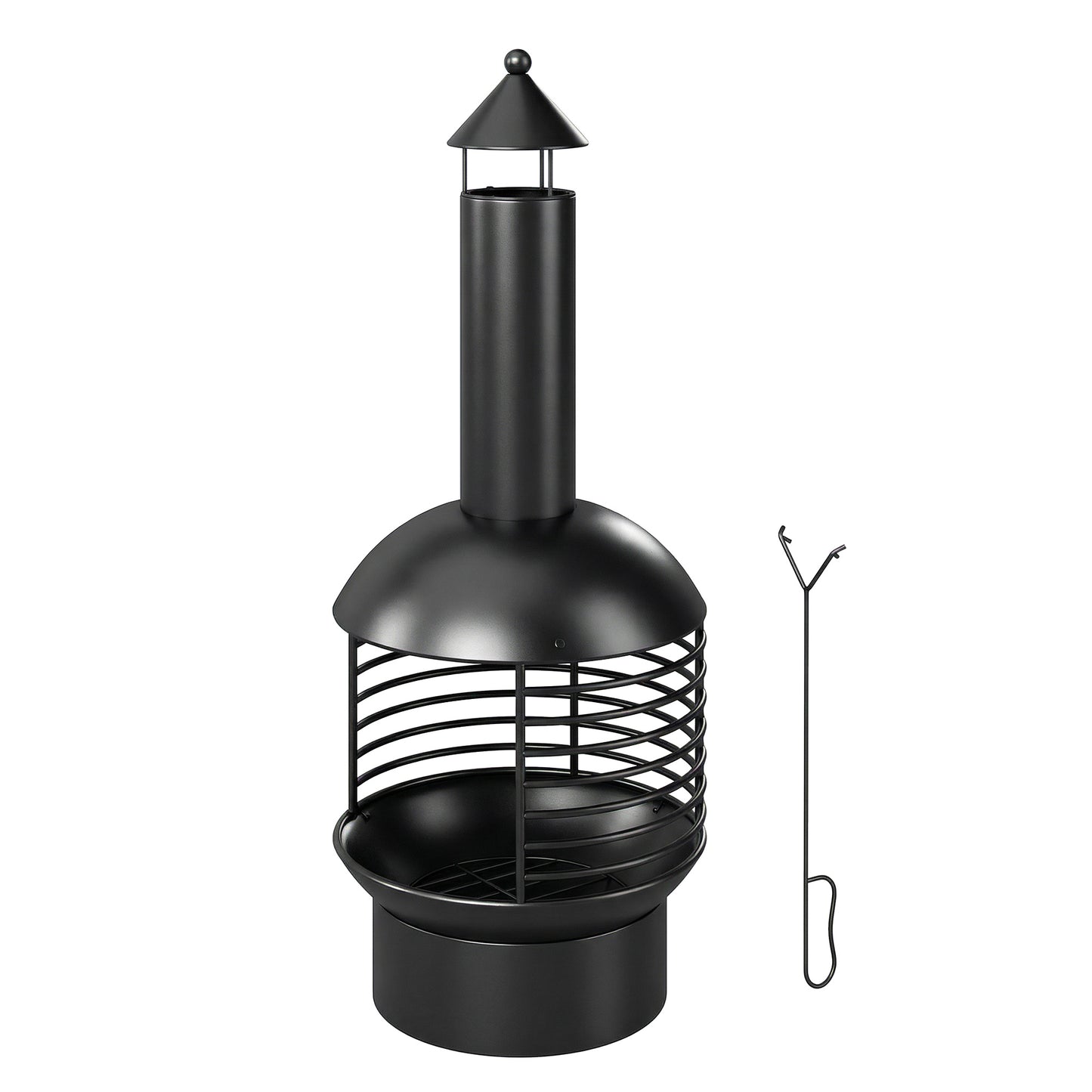 Outdoor Fire Pit, Portable Wood Burning Firepit with Poker, Charcoal Grid, Modern Chimney Design Fireplace, Black