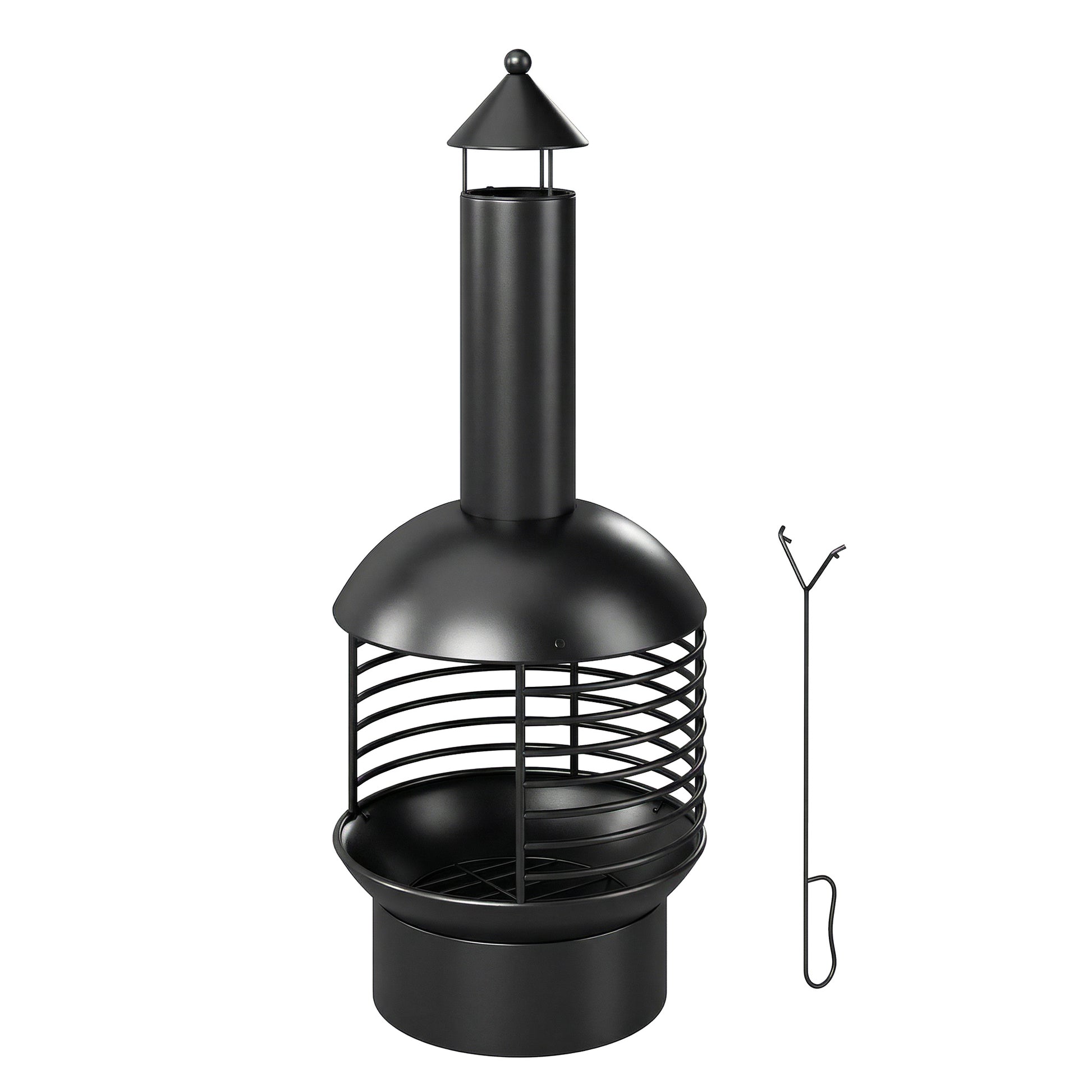 Outdoor Fire Pit, Portable Wood Burning Firepit with Poker, Charcoal Grid, Modern Chimney Design Fireplace, Black
