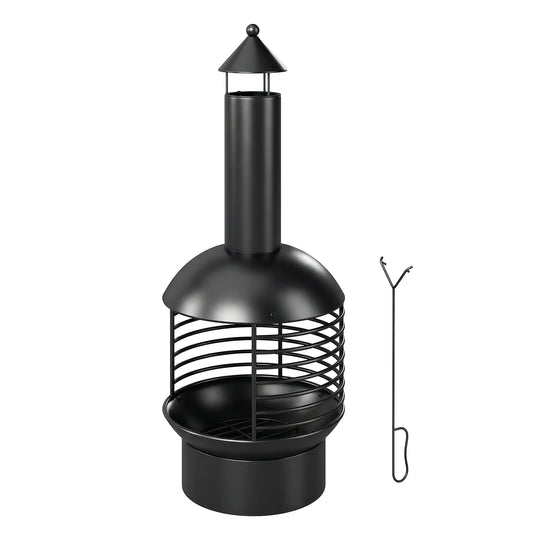 Outdoor Fire Pit, Portable Wood Burning Firepit with Poker, Charcoal Grid, Modern Chimney Design Fireplace, Black