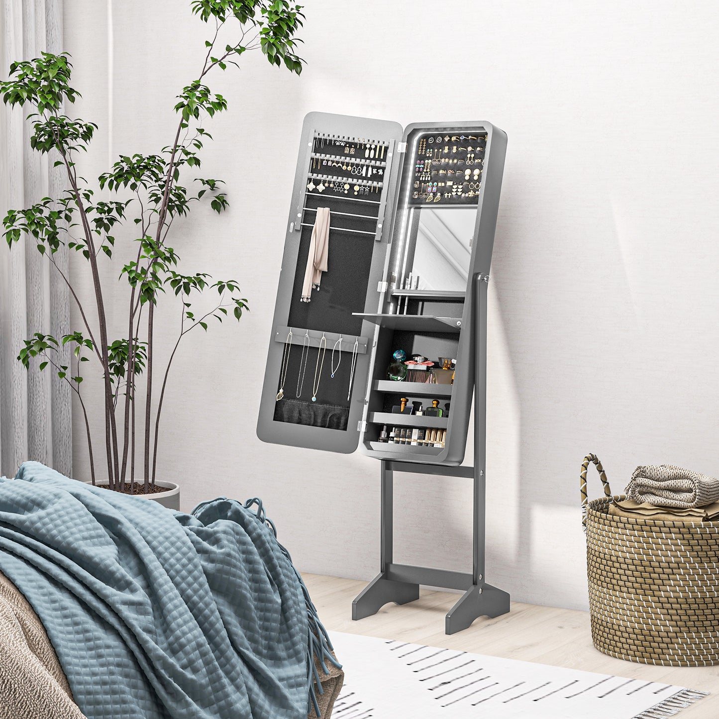 Standing Mirror Jewelry Cabinet, Jewelry Storage Cabinet with LED Lights and Angle Adjustable Full Length Mirror, Grey