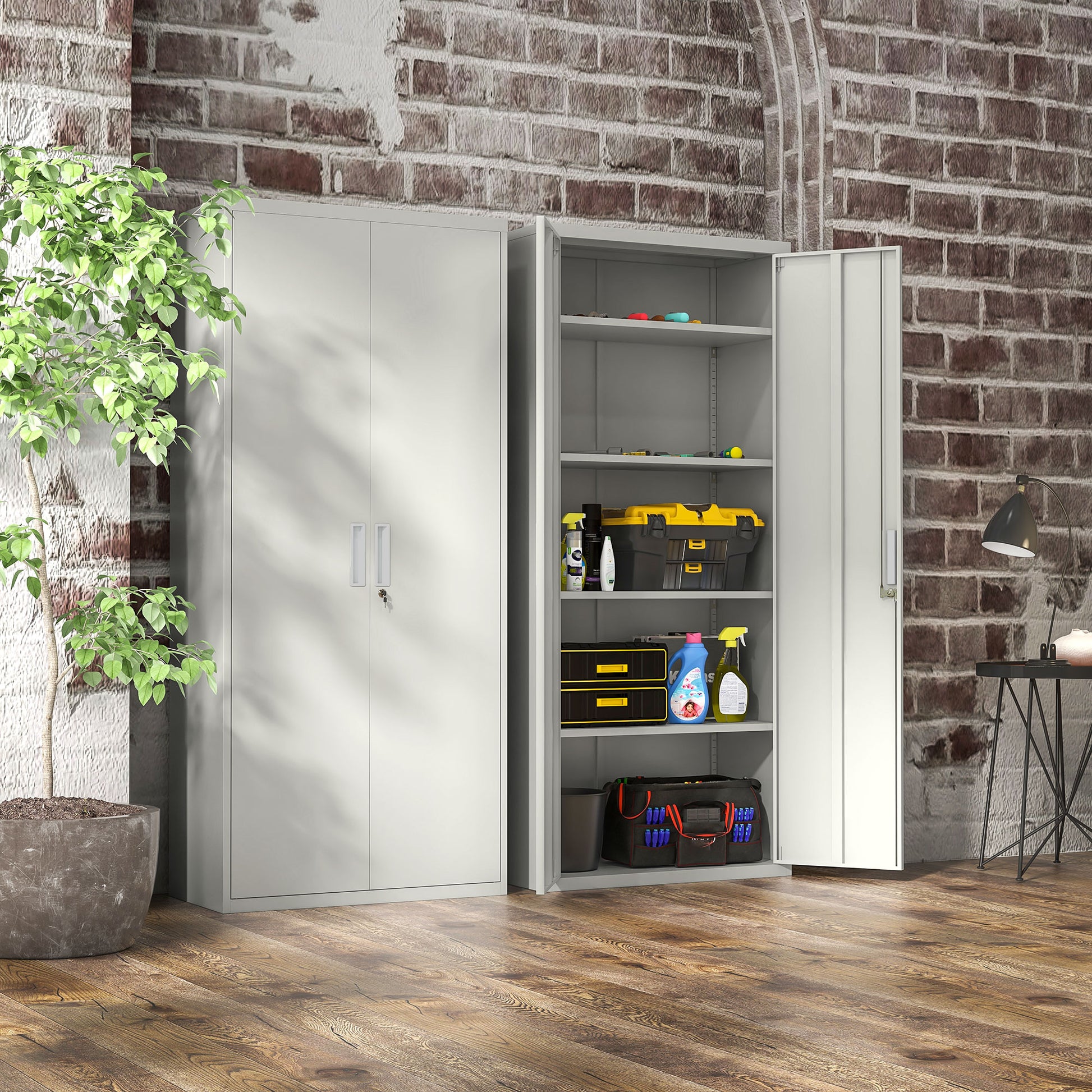 71" Tall Garage Cabinet, Metal Storage Cabinet with 2 Doors, 4 Adjustable Shelves for Home Office, Study, Garage, White
