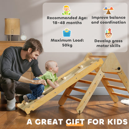 Qaba Pikler Triangle Set, 3 in 1 Climbing Toys with Ramp for Toddlers, Nature Wood