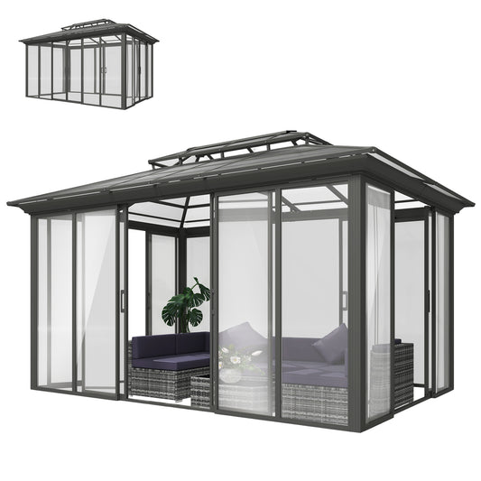 10' x 14' Sun Room with Double Roof Sliding Doors Hardtop Gazebo Solarium with Rain Gutter Dark Grey