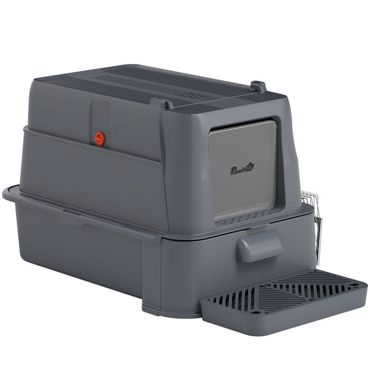 80L XL Stainless Steel Cat Litter Box for Big Cats with Flip Cover, Pull-Out Drawer Tray, High Sided, Pedal, Dark Grey