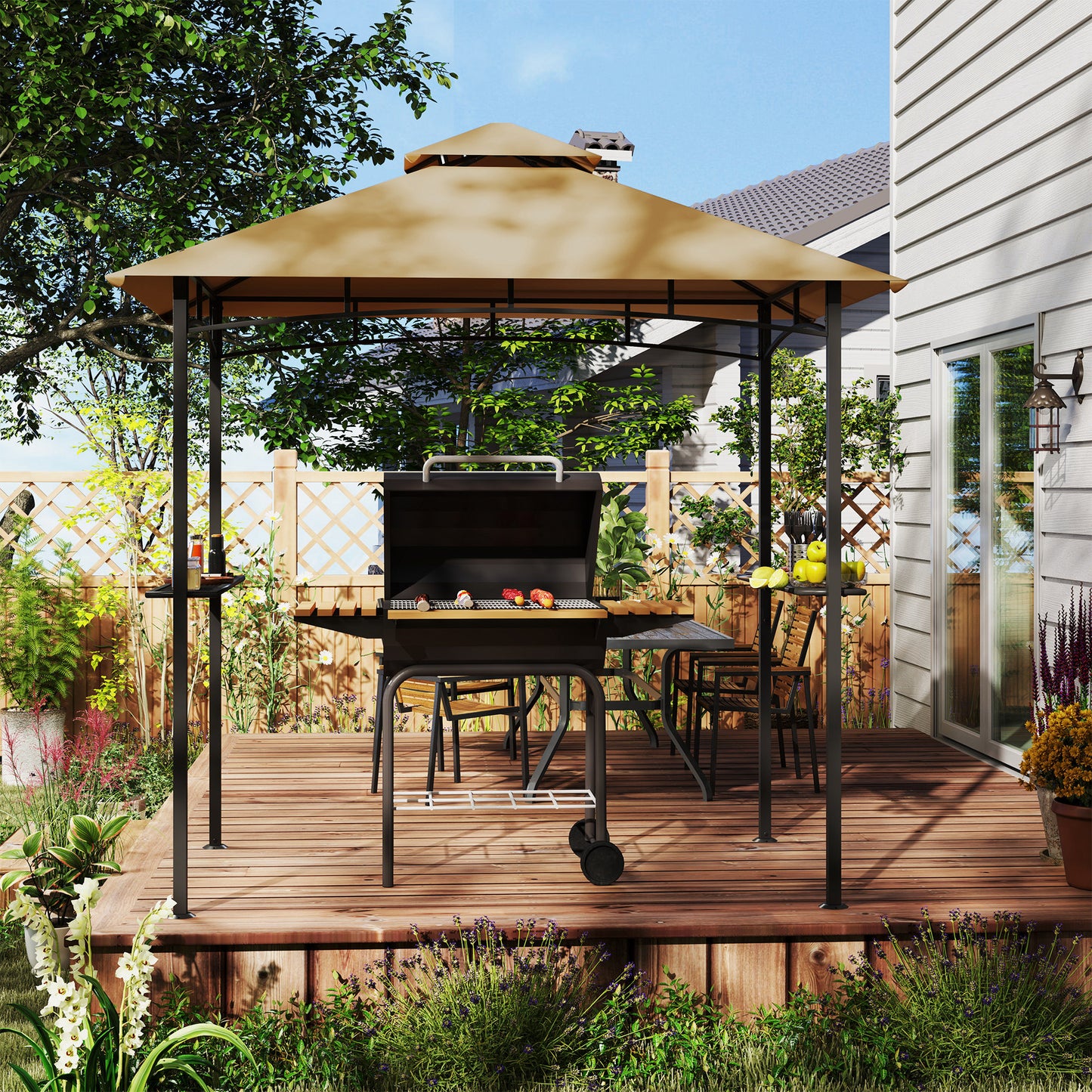 8' x 5' BBQ Grill Gazebo Tent with Double Tiered Canopy for Outdoor Sun Shade, Khaki