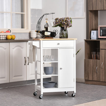 Modern Rolling Kitchen Island Cart with Drawer, Natural Wood Top, Towel Rack, Door Storage Cabinet, White