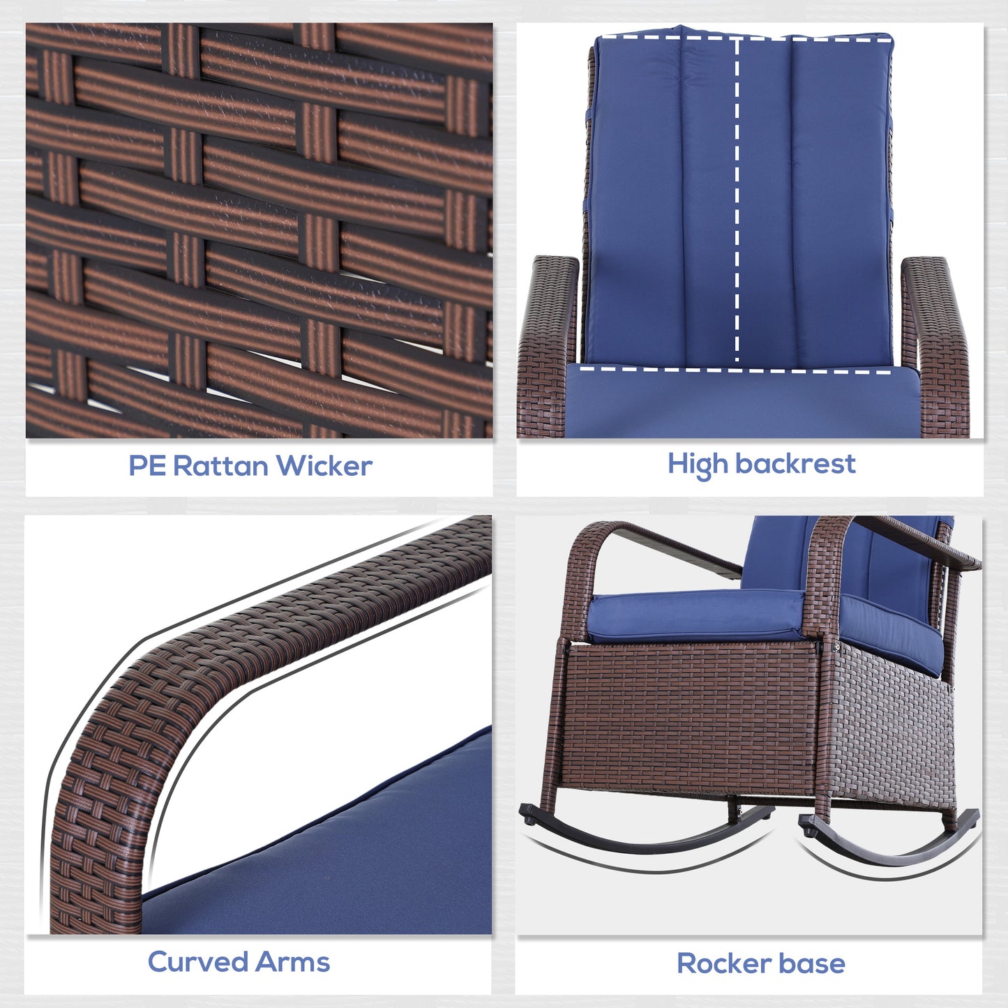 Outdoor Wicker Rocking Chair with Cushion, Patio PE Rattan Recliner Chair with Adjustable Footrest, Armrests, Dark Blue