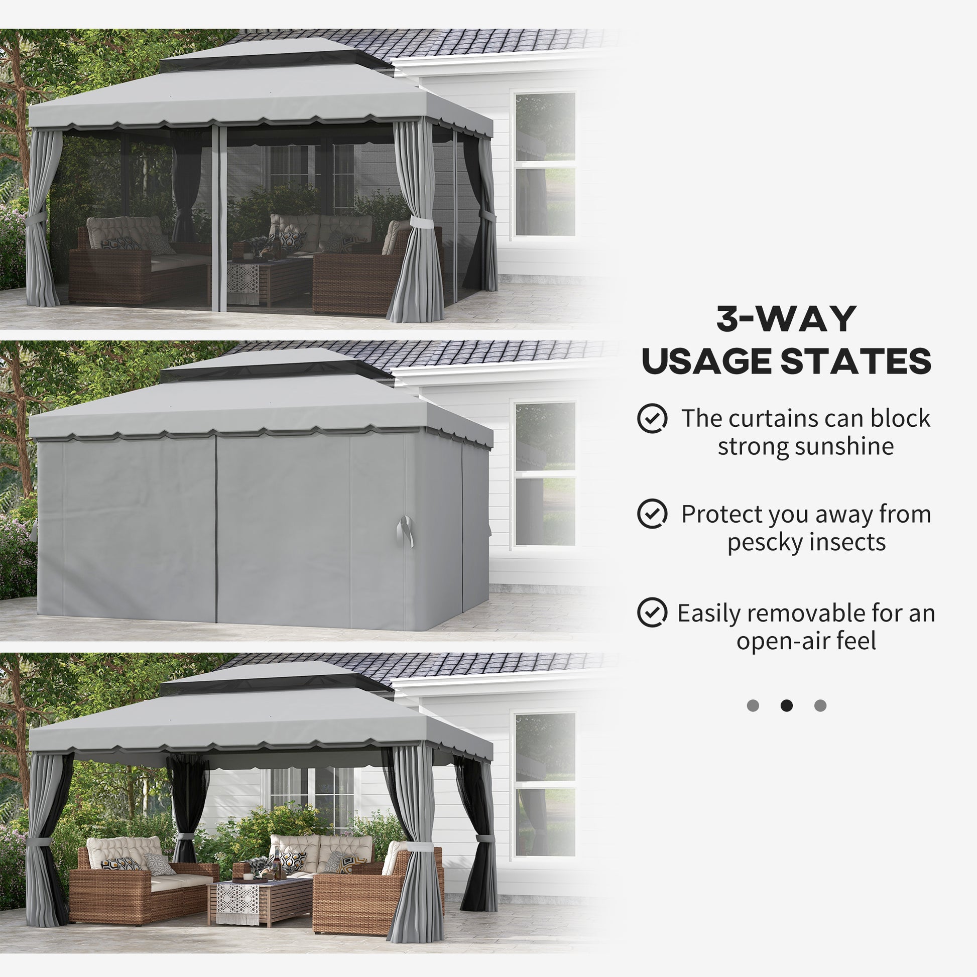 13' x 10' Patio Gazebo Canopy with 2-Tier Polyester Roof, Vented Mesh Sidewall & Strong Aluminum Frame, Medium Grey