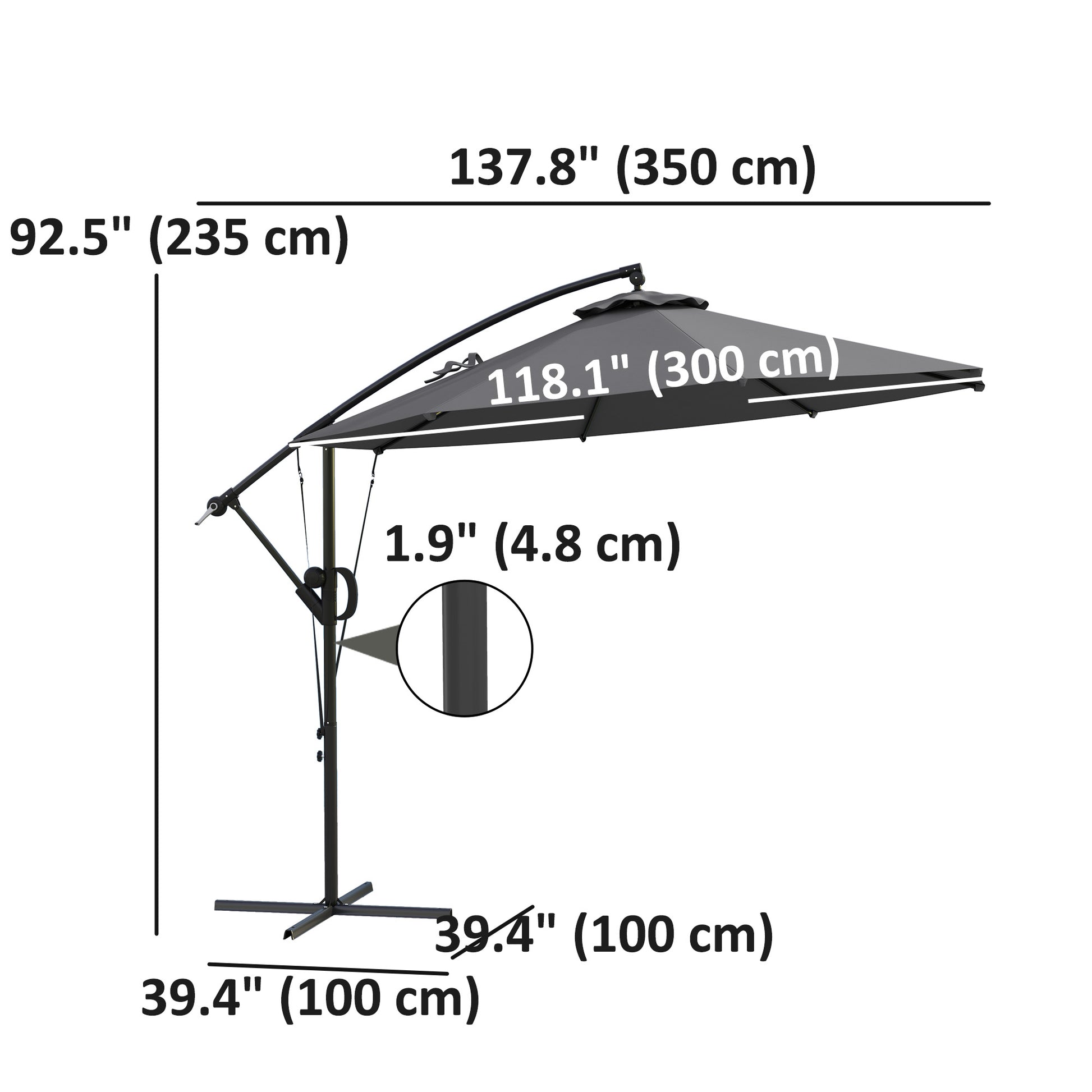 118.1" Patio Offset Umbrella with Cover and Wind Protection Strap,with Crank Handle and Tilt, UPF50+, Grey