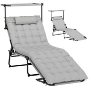 Folding Lounge Chair with Adjustable Canopy, 4-Position Outdoor Tanning Chair with Headrest, Light Grey