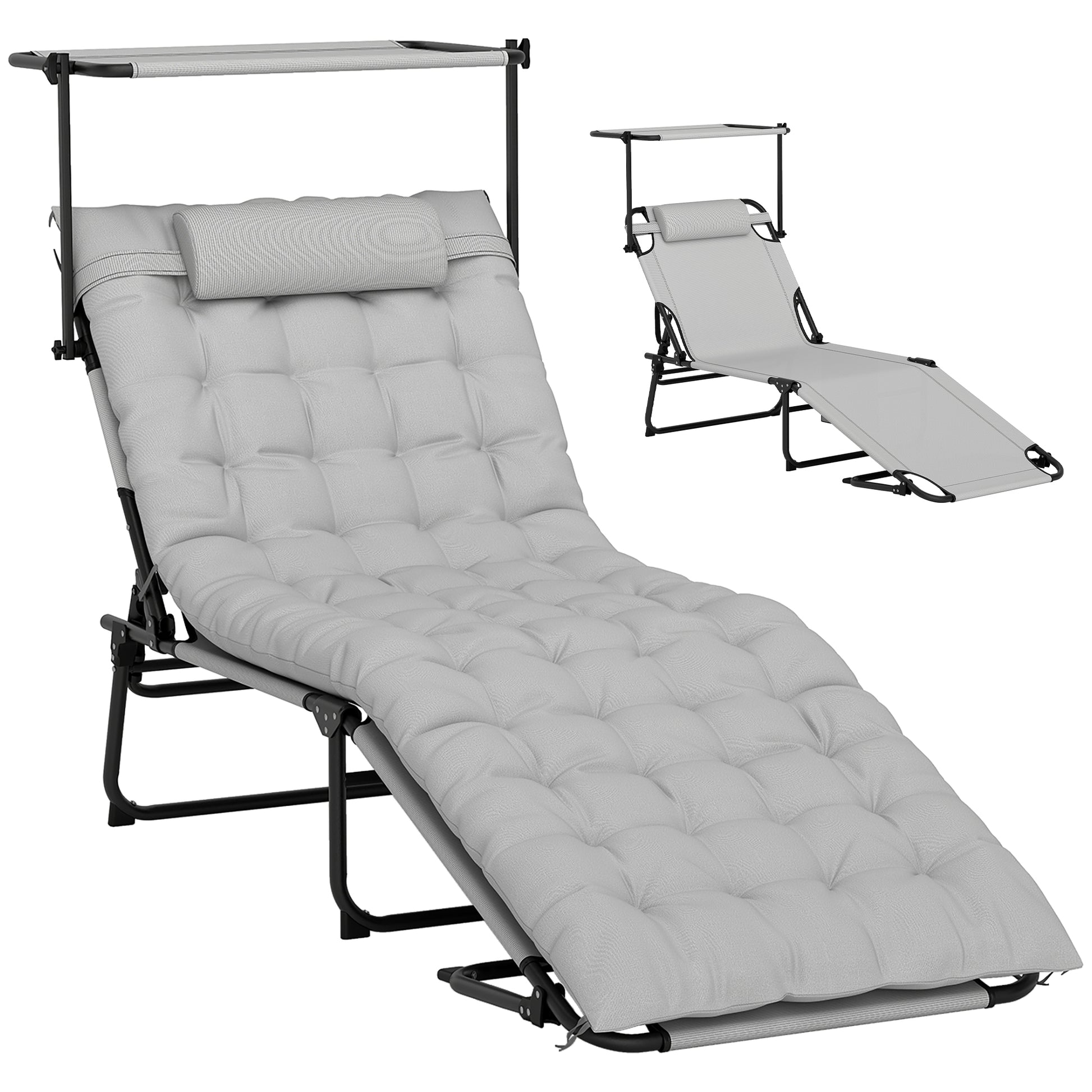 Folding Lounge Chair with Adjustable Canopy, 4-Position Outdoor Tanning Chair with Headrest, Light Grey