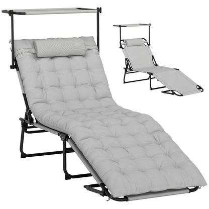 Folding Lounge Chair with Adjustable Canopy, 4-Position Outdoor Tanning Chair with Headrest, Light Grey