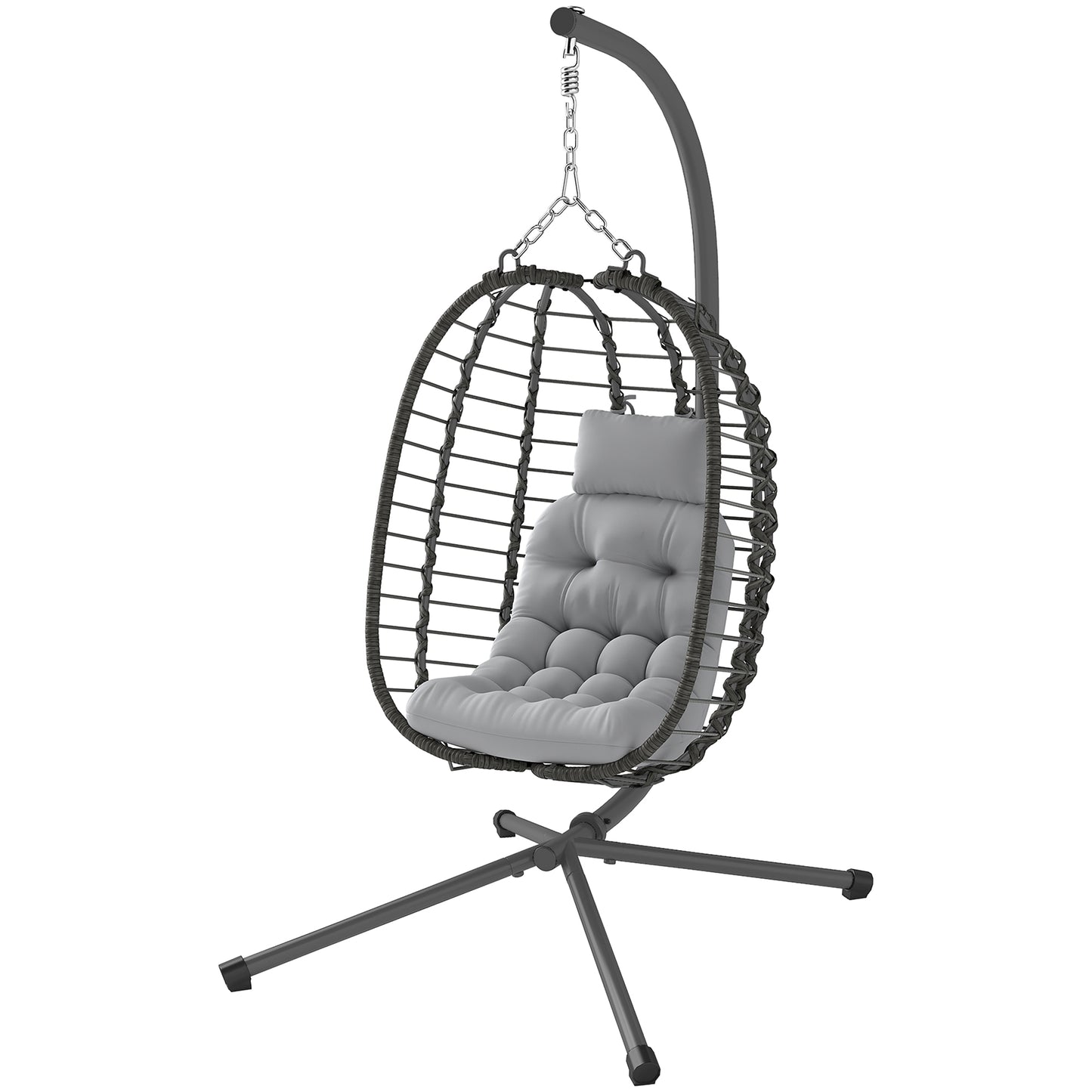 Hanging Egg Chair with Stand, Foldable Wicker Rattan Swing Chair with Thick Cushion, Headrest, Light Grey