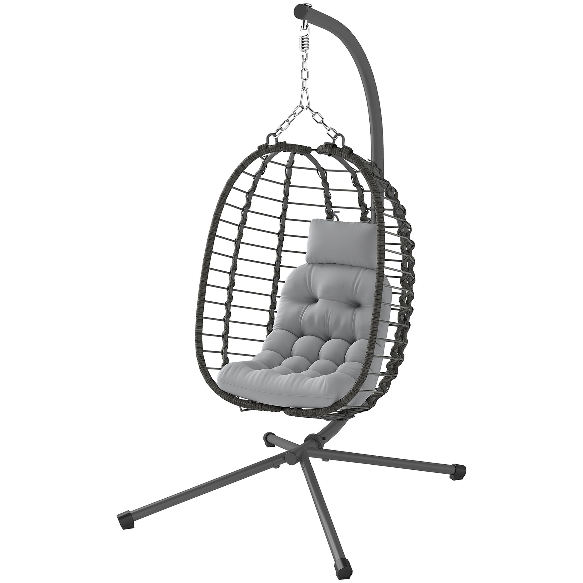Hanging Egg Chair with Stand, Foldable Wicker Rattan Swing Chair with Thick Cushion, Headrest, Light Grey