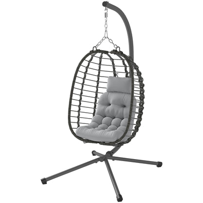 Hanging Egg Chair with Stand, Foldable Wicker Rattan Swing Chair with Thick Cushion, Headrest, Light Grey