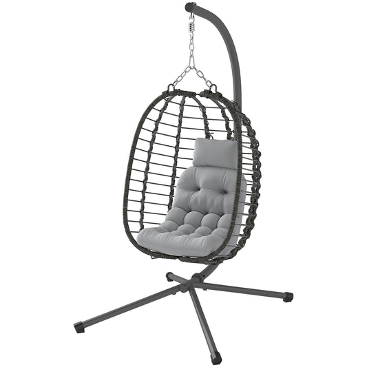 Hanging Egg Chair with Stand, Foldable Wicker Rattan Swing Chair with Thick Cushion, Headrest, Light Grey